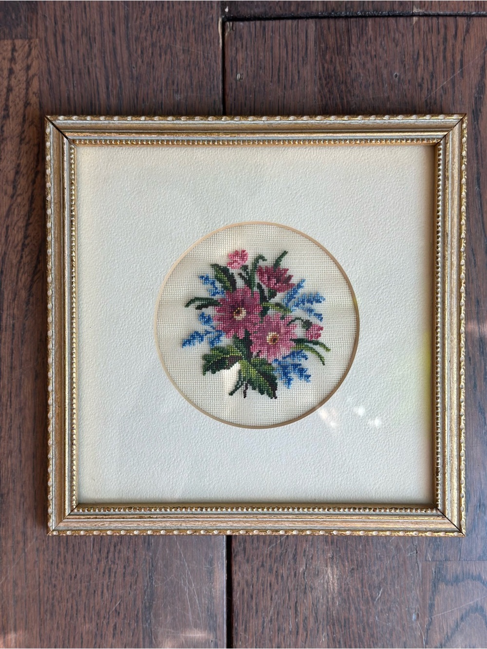 Framed Pink and Blue Floral Cross-Stitch Wall Art